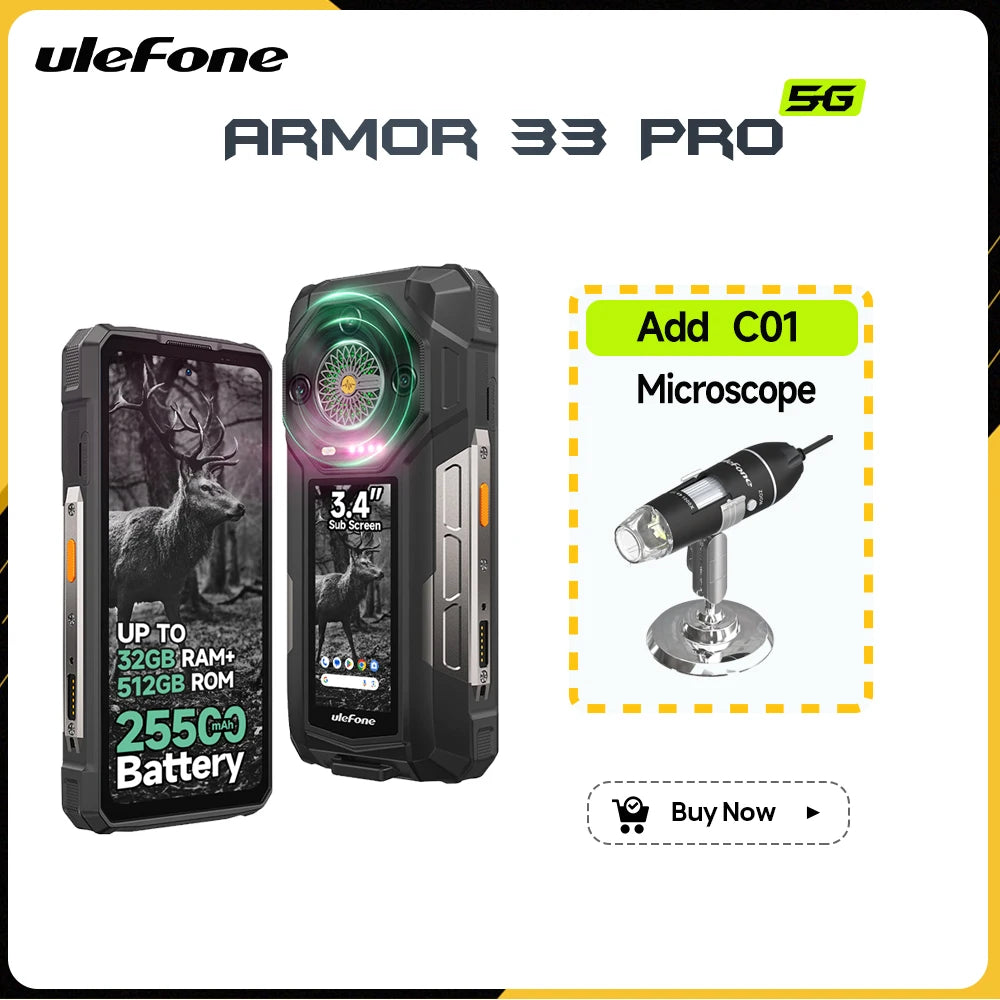 Teléfono resistente Ulefone Armor 33 Pro 5G, smartphone Android 14, 6.95", 120Hz, hasta 32GB+512GB, 25500mAh, NFC, carga de 66W, altavoz potente