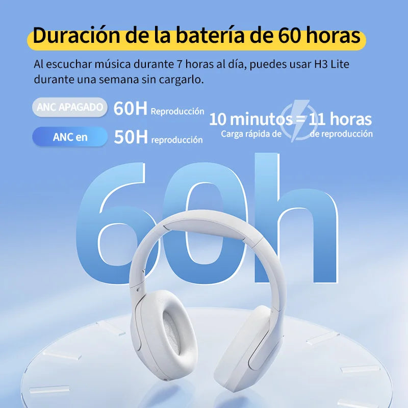Auriculares inalámbricos QCY H3 Lite con cancelación activa de ruido (ANC), Bluetooth 5.3, controlador de 40 mm, sonido HiFi, audífonos supraaurales con conexión multipunto