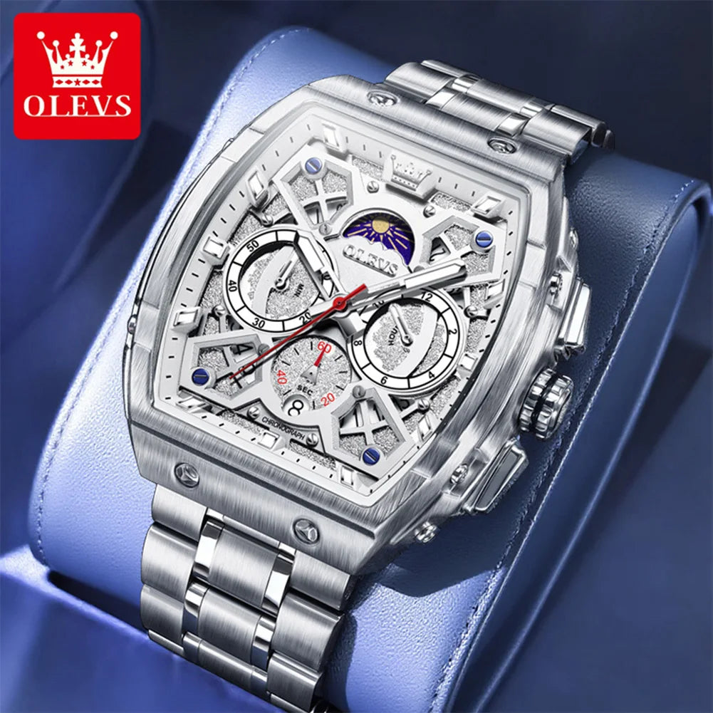 Reloj para hombre OLEVS esqueleto con fase lunar, resistente al agua, de acero inoxidable, con fecha automática, reloj original para hombre
