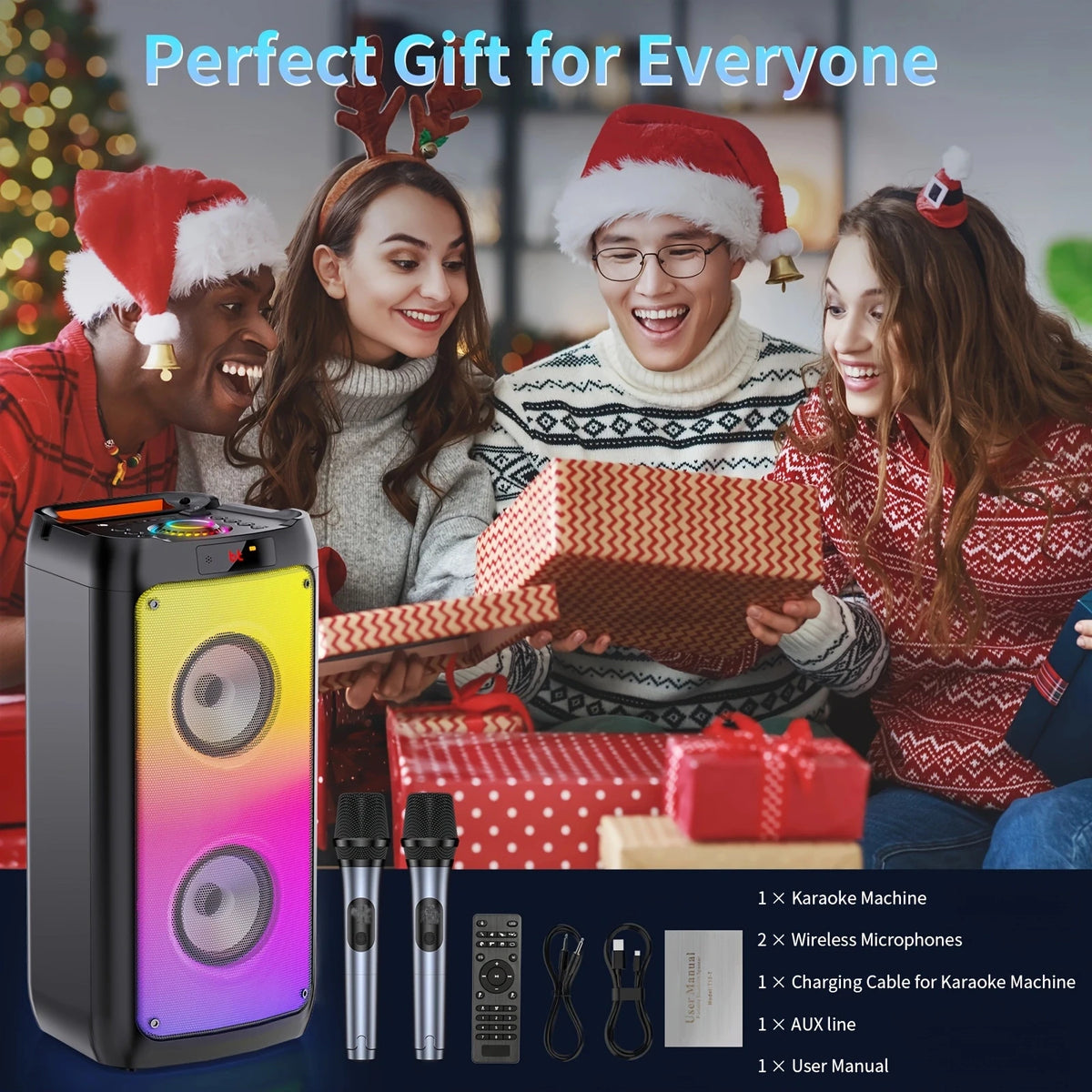 Altavoz Bluetooth inalámbrico, máquina de karaoke con 2 micrófonos, sistema de karaoke para el hogar con luz LED para fiestas, control remoto