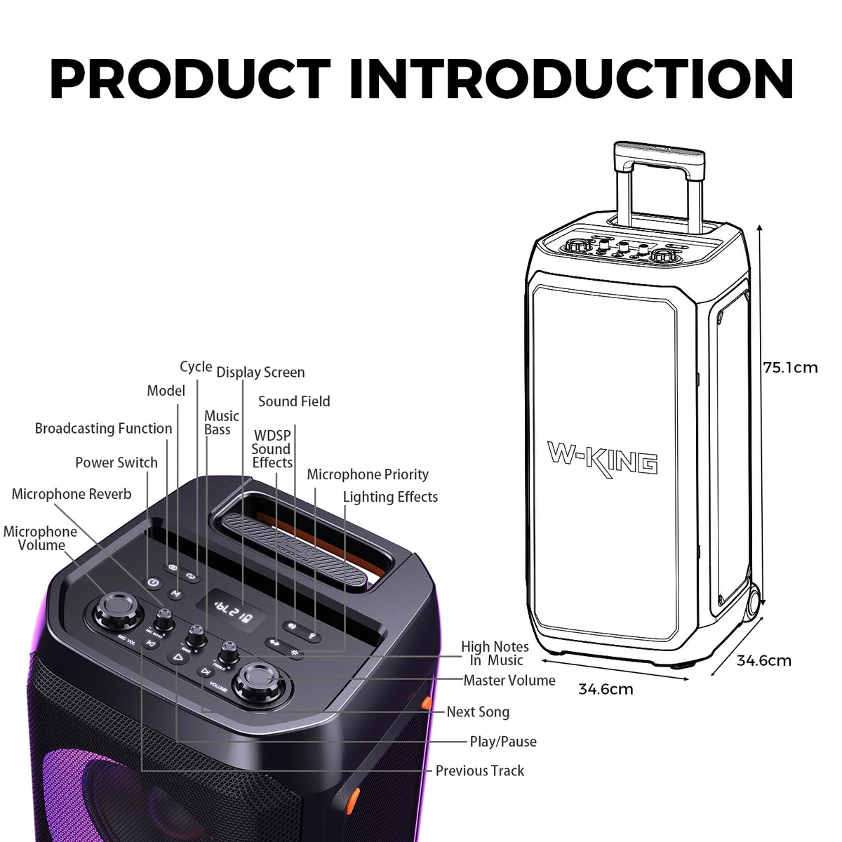 Altavoz Bluetooth para Fiestas W-KING T12, 370W de Potencia Máxima, 135dB de Bajos Profundos, Altavoz Karaoke Portátil con Luces RGB, Bluetooth 5.4, Ruedas, AUX, USB, TF, OTG, Entrada para Micrófono de Guitarra