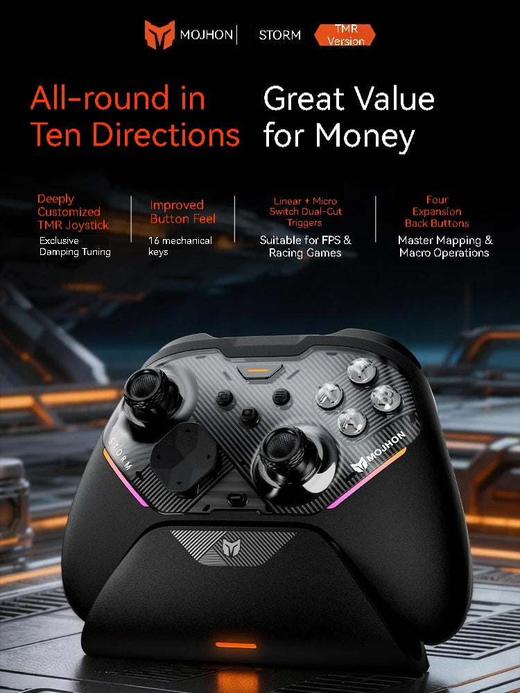 Controlador inalámbrico para juegos MOJHON Storm, tres modos (BT/2.4G/alámbrico), joystick TMR sin deriva, gatillos mecánicos y 4 botones traseros