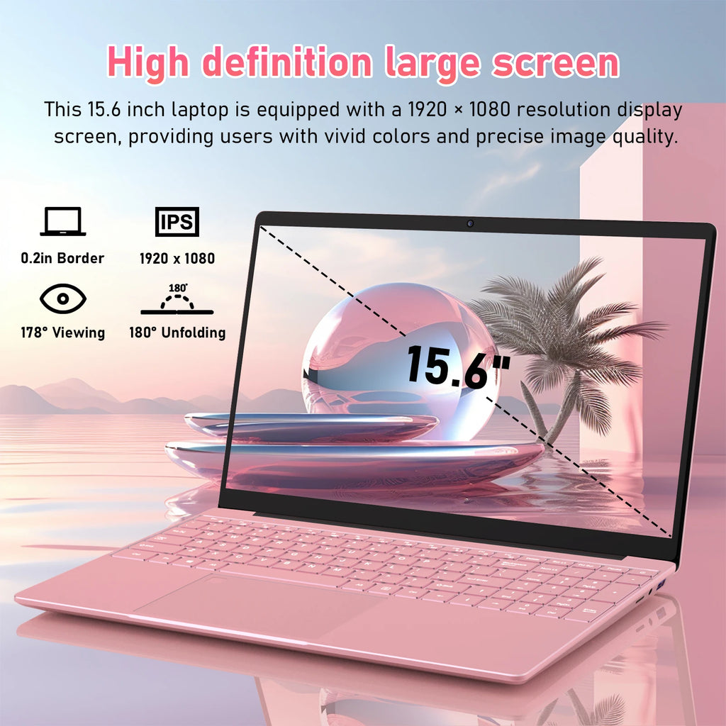 Portátil de 15,6 pulgadas en color rosa, procesador N95, 16 GB DDR4, SSD de 512 GB, desbloqueo por huella dactilar, pantalla FHD, teclado retroiluminado, interfaz múltiple