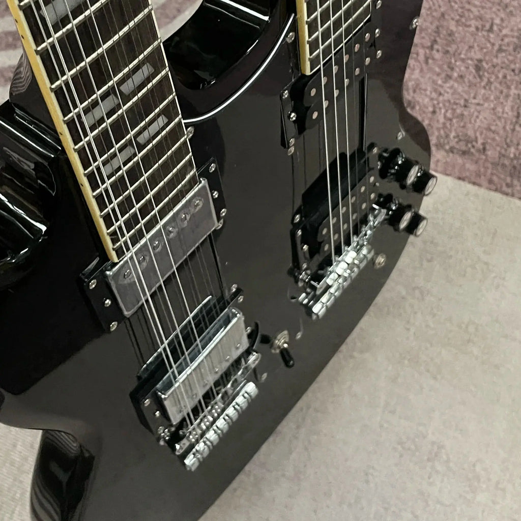 Guitarra Eléctrica SG Negra de Doble Mástil, 20 Trastes, Personalizada, 12+6 Cuerdas, Acabado Brillante, Envío Rápido