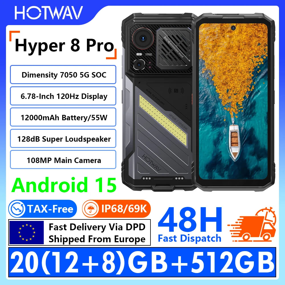 [Shipped From Within Europe]HOTWAV Hyper 8 Pro 5G Rugged Phone 6.78-inch FHD+ 120Hz Display 20(12+8)GB RAM+512GB ROM Dimensity 7050 5G 12000mAh Battery 55W Fast Charging 108MP+32MP Camera Android 15 NFC BT5.2 Wi-Fi 6