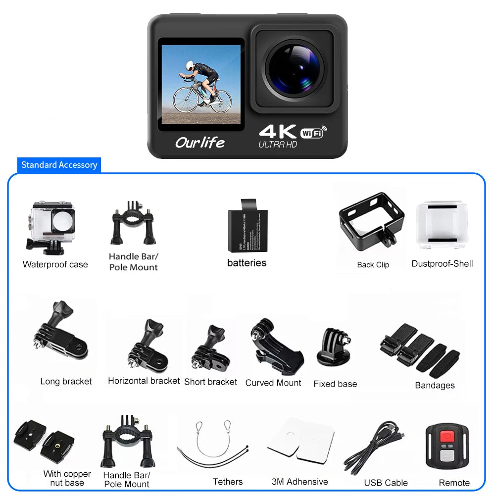 Cámara de acción Ourlife 4K 30FPS WiFi 30M bajo el agua impermeable 170 °   Grabación de vídeo deportiva DVR Cámara de vídeo con pantalla de 2,0''