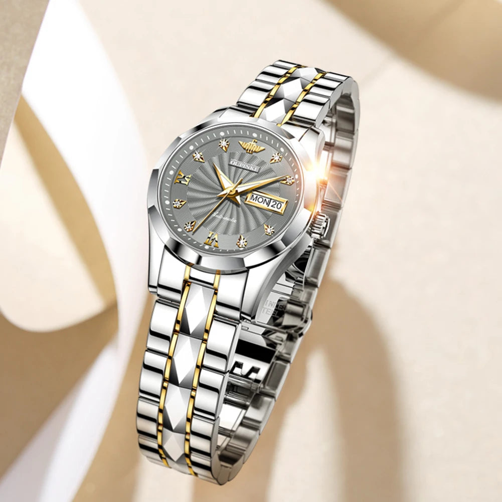 OUPINKE 3169 Reloj mecánico automático de lujo, elegante y moderno para mujer, con calendario de día y fecha, resistente al agua, regalo original