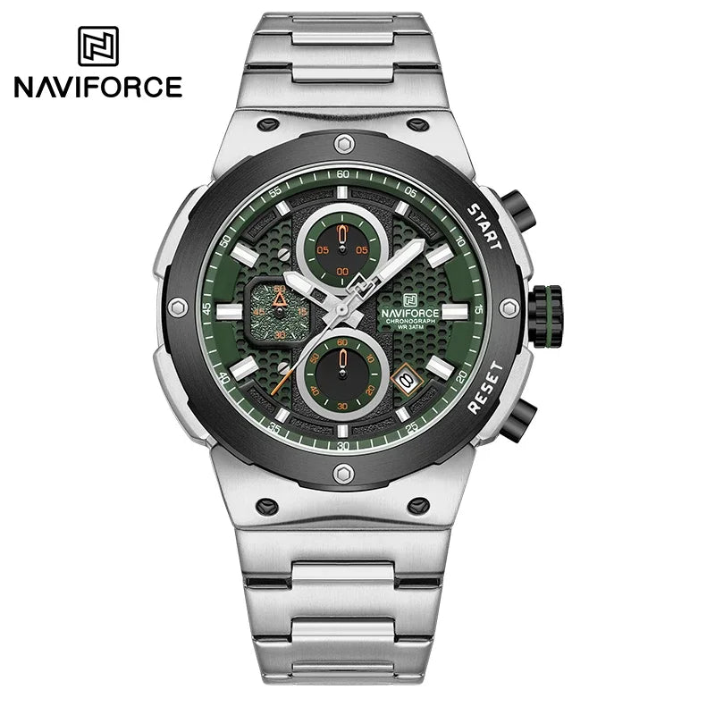 Reloj NAVIFORCE de lujo para hombre, con cronógrafo de cuarzo, luminoso, calendario, resistente al agua, de acero inoxidable, estilo deportivo y militar.