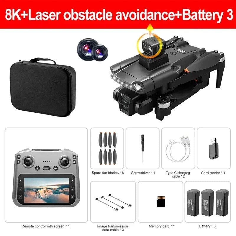 Drone cuádruple negro con cámara 8K y sensor láser, control remoto y estuche