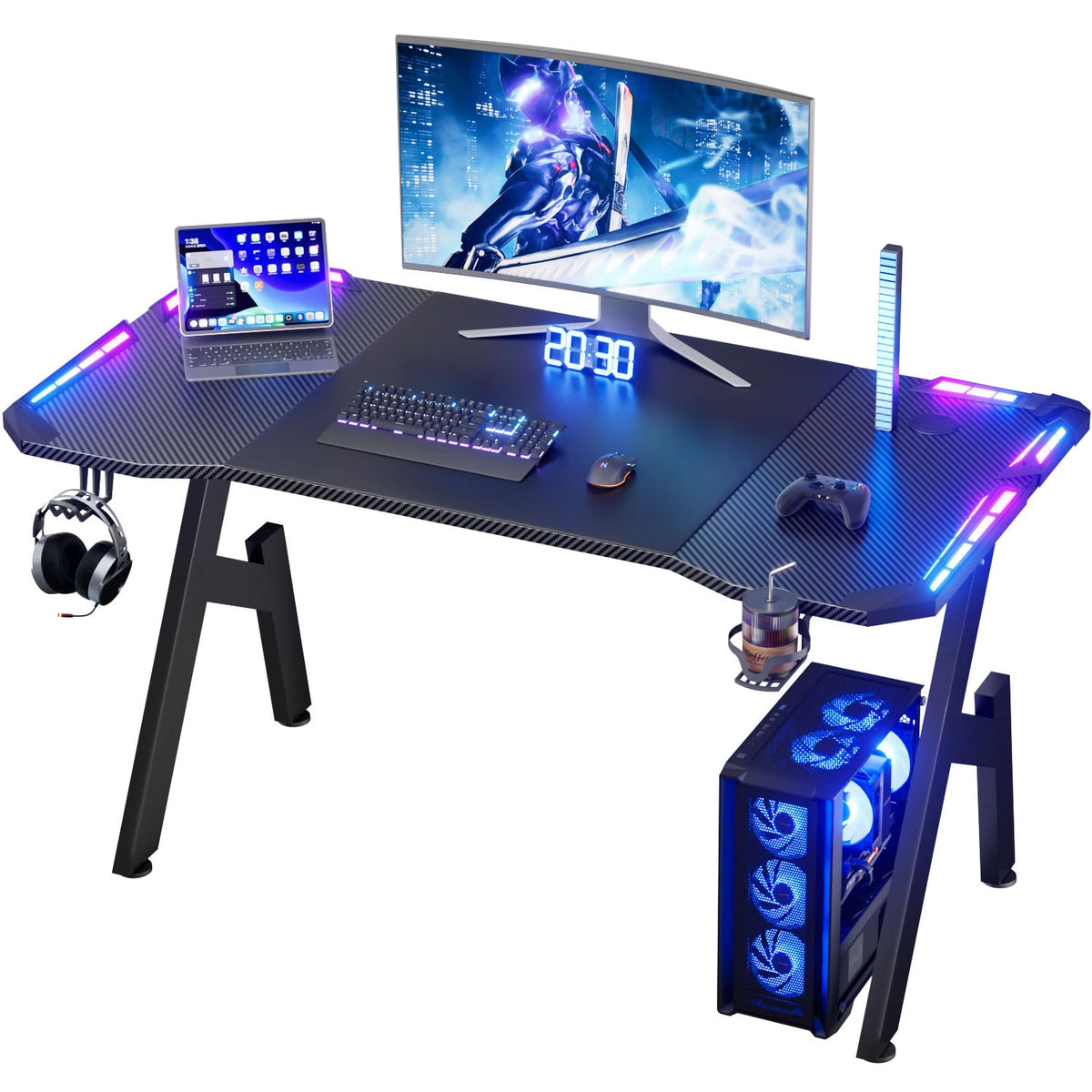 Escritorio gamer con tablero texturizado y luz LED RGB, marco metálico en forma de A