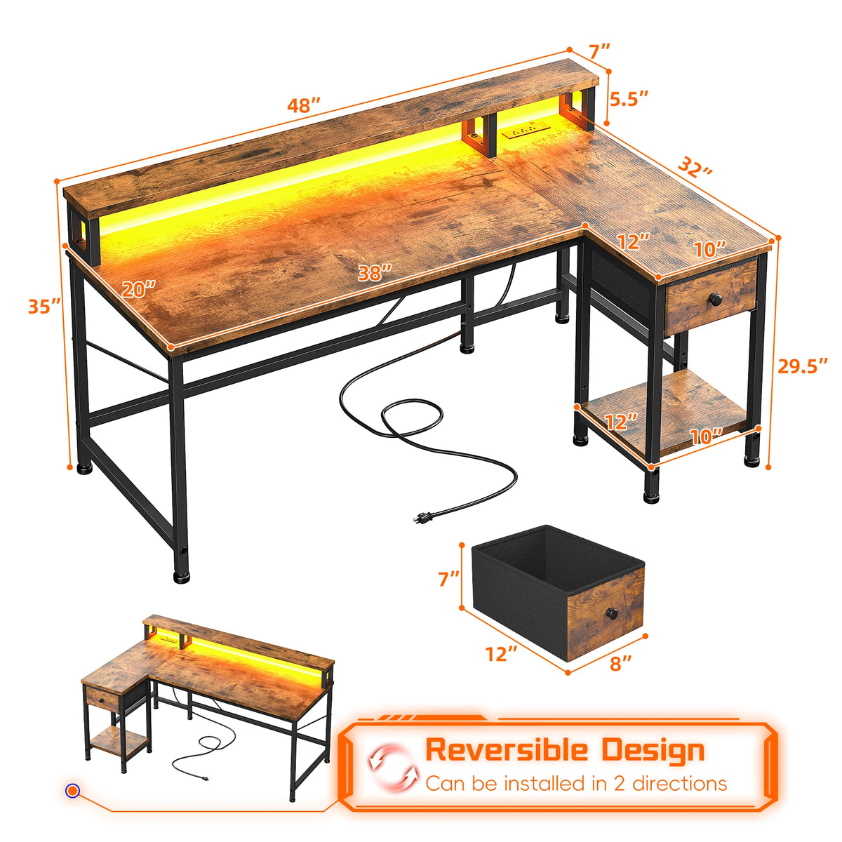 Escritorio en L con encimera de madera, cajón y estante, con luces LED