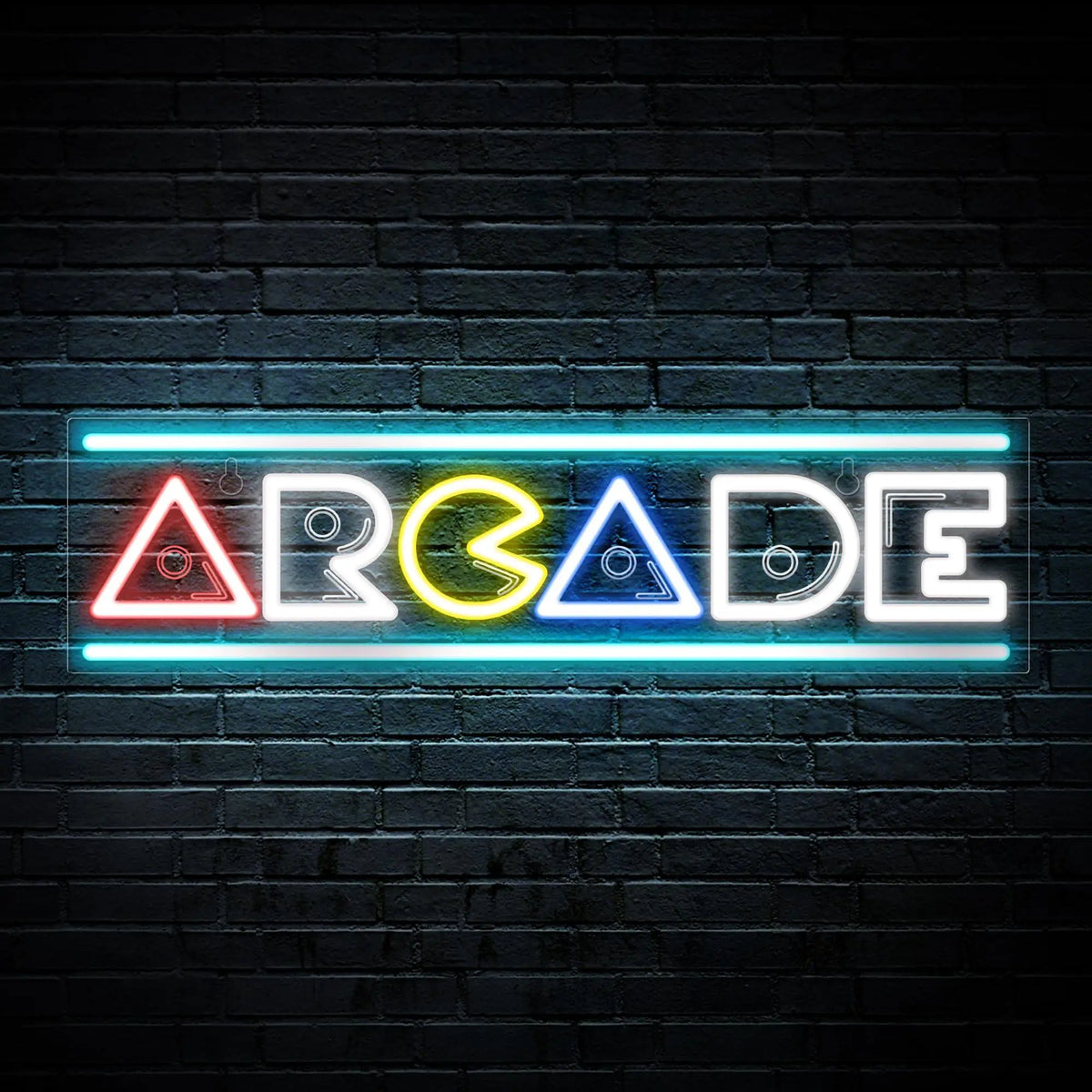 Letrero de neón LED 3D ARCADE con marco azul y letras rojo, amarillo y blanco.