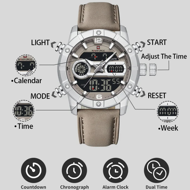 Reloj impermeable NAVIFORCE NF9263 con pantalla luminosa, correa de cuero auténtico, cronógrafo multifunción, temporizador de cuenta regresiva y alarma NF9263