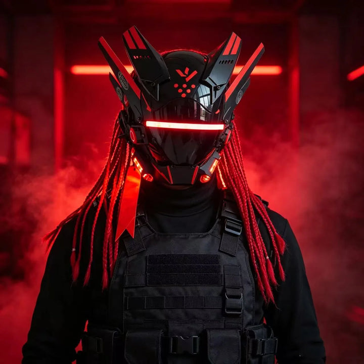Cyberpunk máscara futurista Techwear, decoración de casco de Cosplay de Halloween con trenza ligera y sucia, Caballero de estilo guerrero japonés Sty