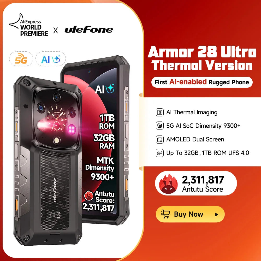 Teléfono resistente Ulefone Armor 28 Ultra 5G con cámara térmica, procesador MTK Dimensity 9300+, pantalla AMOLED, smartphone Android con 1 TB de ROM