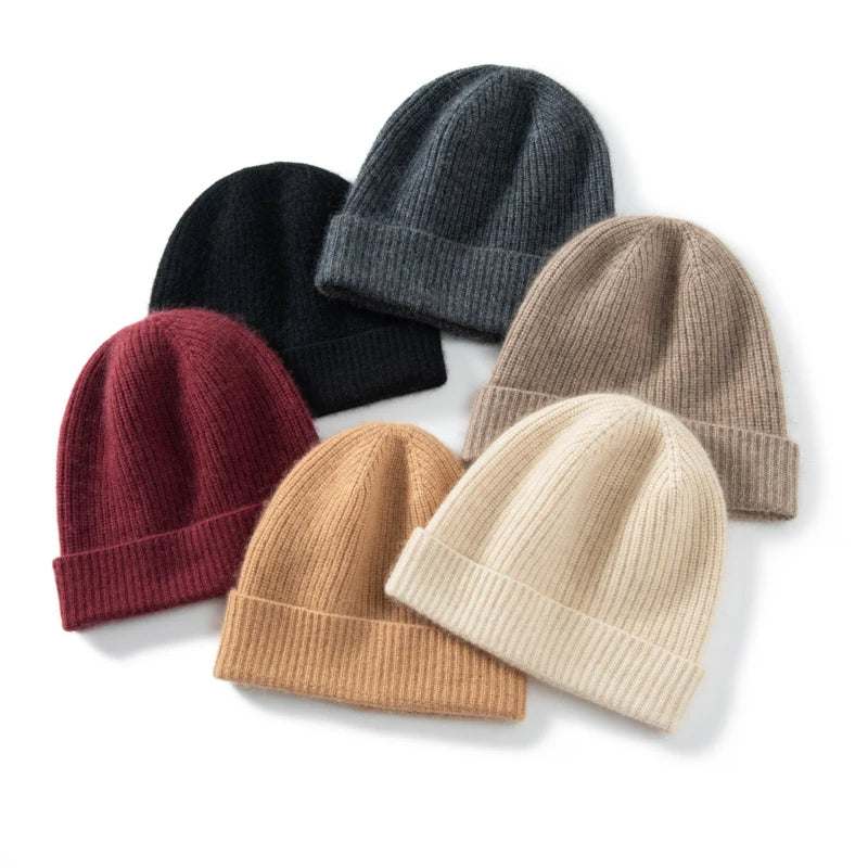 Gorro de Punto KOIJINSKY para Mujer, Otoño Invierno, 35% Cachemira, 65% Lana Merino, Diseño de Canalé Vertical, Color Sólido, Borde Enrollado Elástico y Suave
