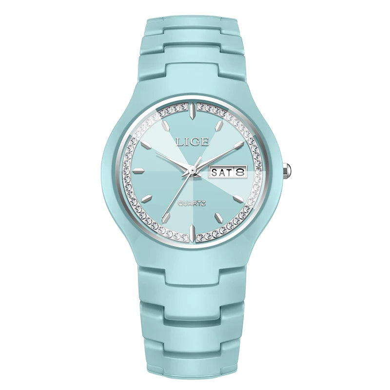 Relojes LIGE de cerámica para hombre con calendario, relojes de pulsera impermeables para mujer, reloj de vestir sencillo con diamantes, reloj de cuarzo con visualización de fecha y día de la semana