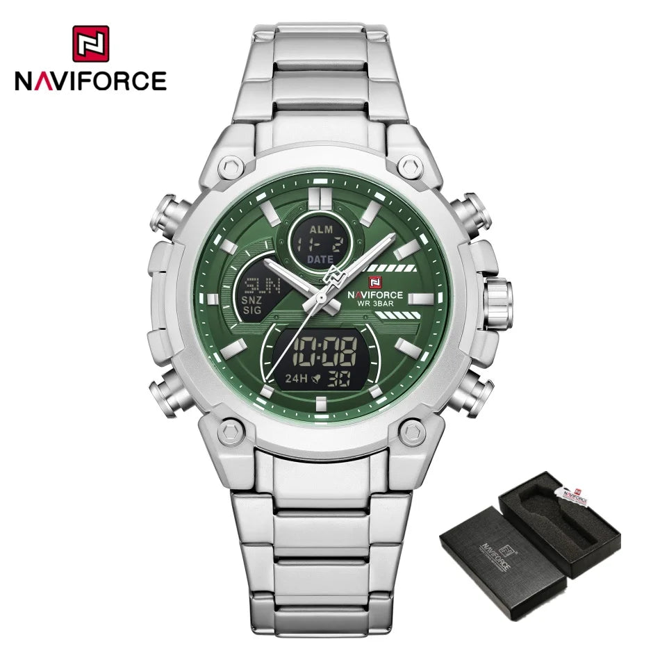 Nuevo reloj para hombre NAVIFORCE, resistente al agua, con cuenta regresiva, deportes, doble pantalla, reloj de pulsera de cuarzo, LCD, luminoso, alarma y reloj digital.