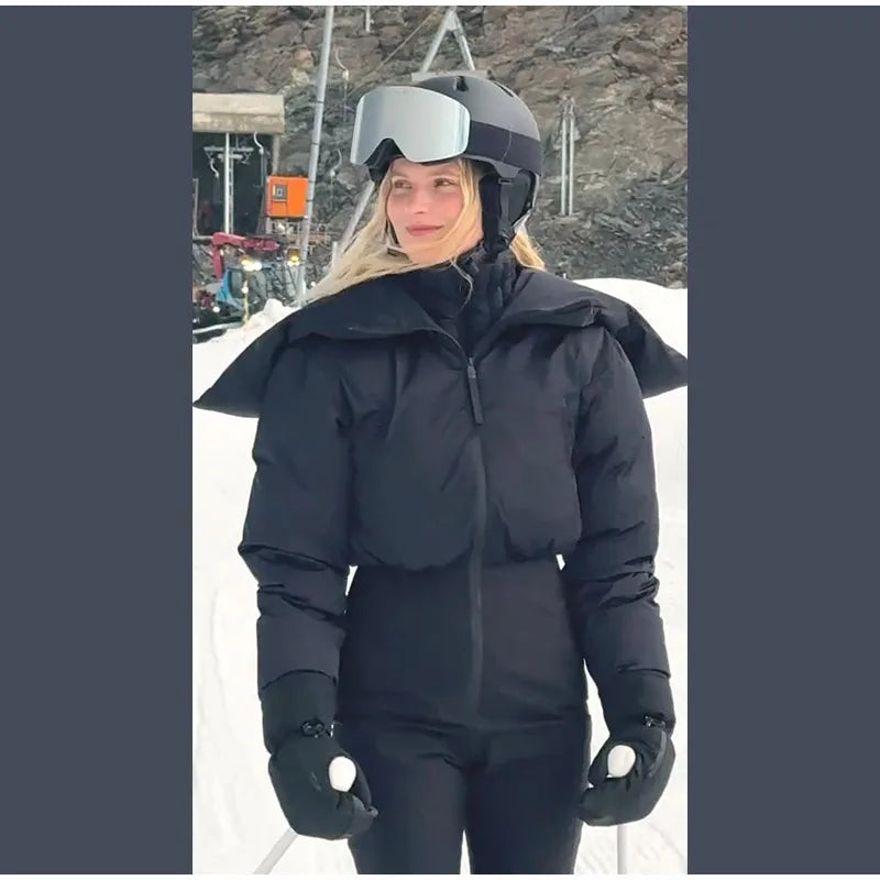 Mono de esquí con capucha para mujer, cuello alto, cierre de cremallera, manga larga, cintura alta, de algodón, cálido para invierno 2026.