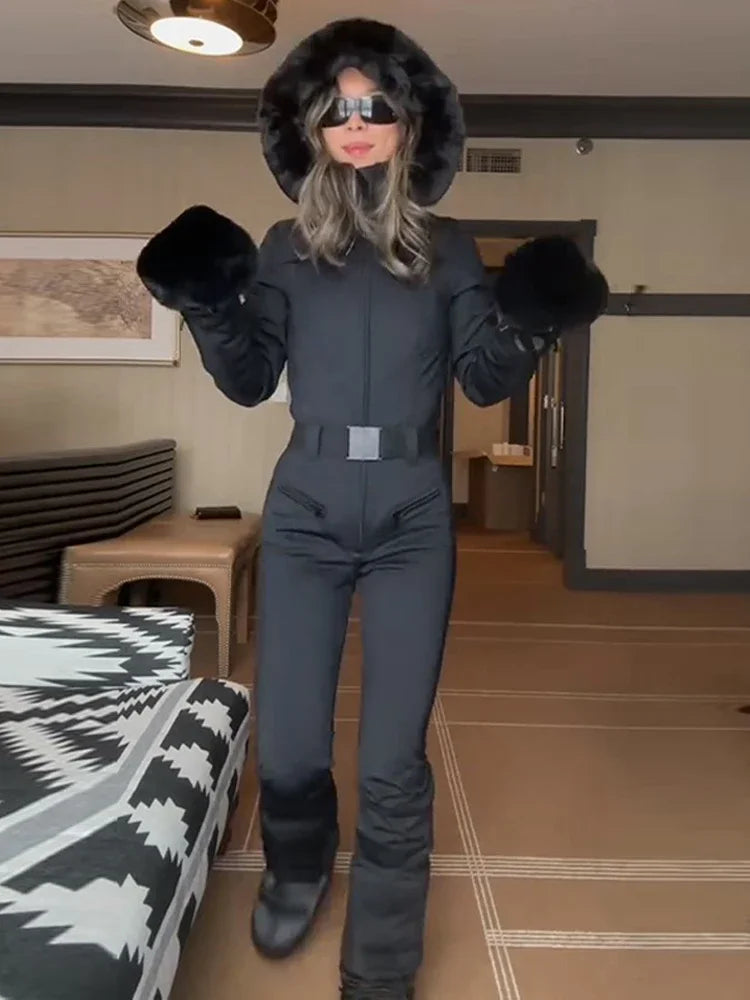 Mono grueso para mujer, ropa de esquí con cuello de piel, con capucha y cremallera, manga larga, ajustado, de cintura alta, para exteriores, abrigo, prendas de vestir de invierno para mujer
