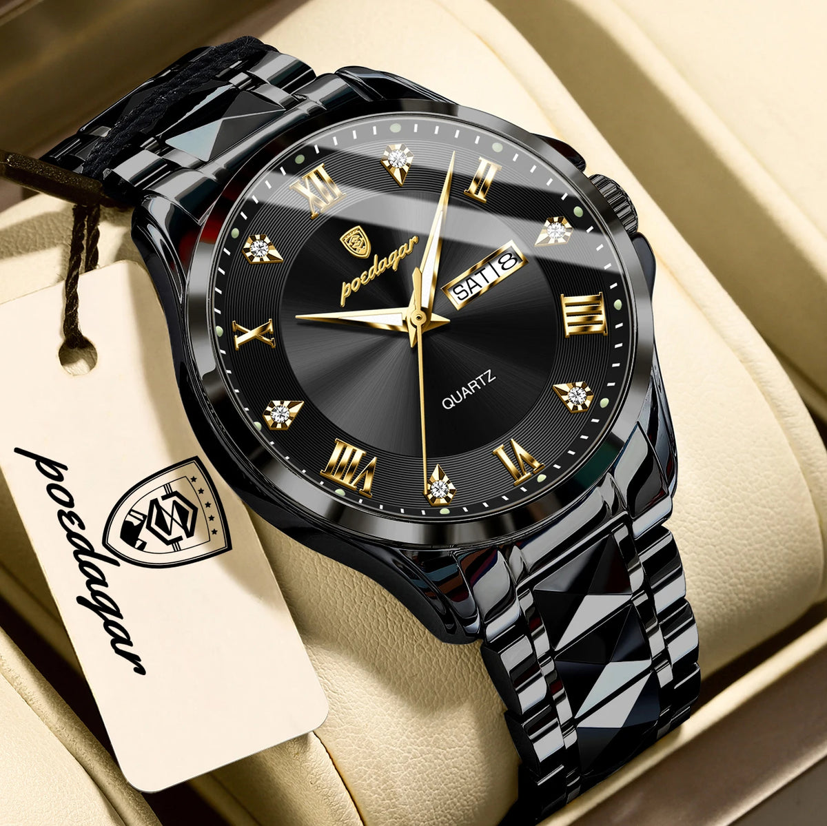 Reloj de pulsera para hombre de lujo POEDAGAR, resistente al agua, luminoso, con fecha y día, reloj de cuarzo de acero inoxidable para negocios, reloj para hombre.