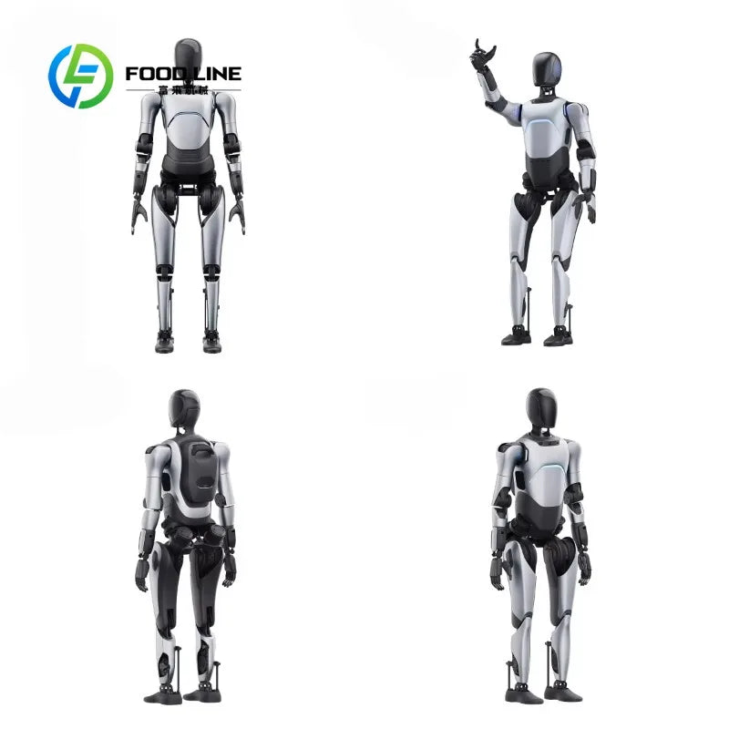 Robot humanoide blanco con detalles azules, vista trasera y lateral en conjunto.