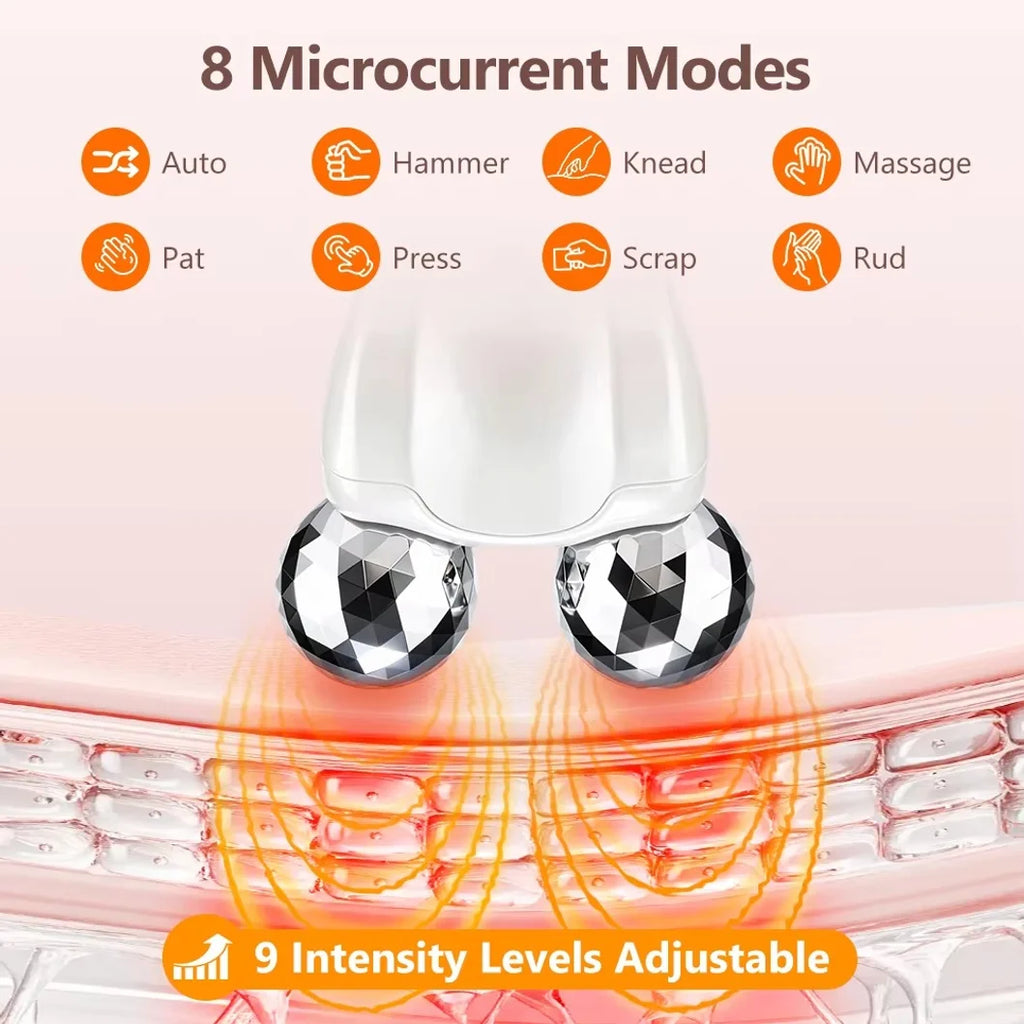 Masajeador facial EMS con 8 modos y 9 niveles de intensidad, con luz LED y diseño de 360 grados. °   Dispositivo de cuidado facial con bolas rodantes para el levantamiento de la piel, recargable por USB.