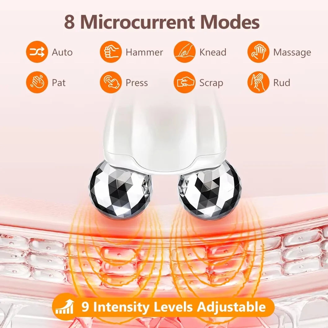 Masajeador facial EMS con 8 modos y 9 niveles de intensidad, con luz LED y diseño de 360 grados. °   Dispositivo de cuidado facial con bolas rodantes para el levantamiento de la piel, recargable por USB.