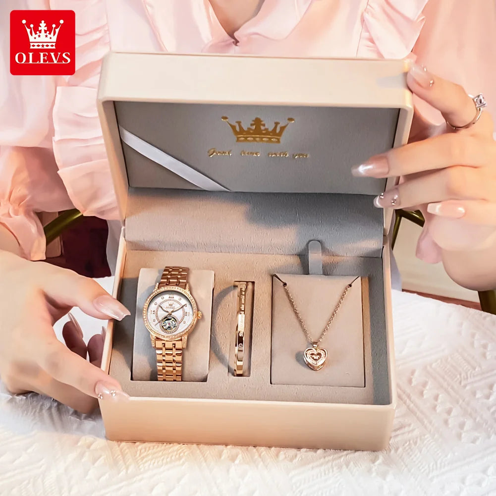 Reloj mecánico automático OLEVS 7036 para dama, esfera con diamantes, diseño de volante, marca TOP, elegante reloj para mujer, nueva tendencia
