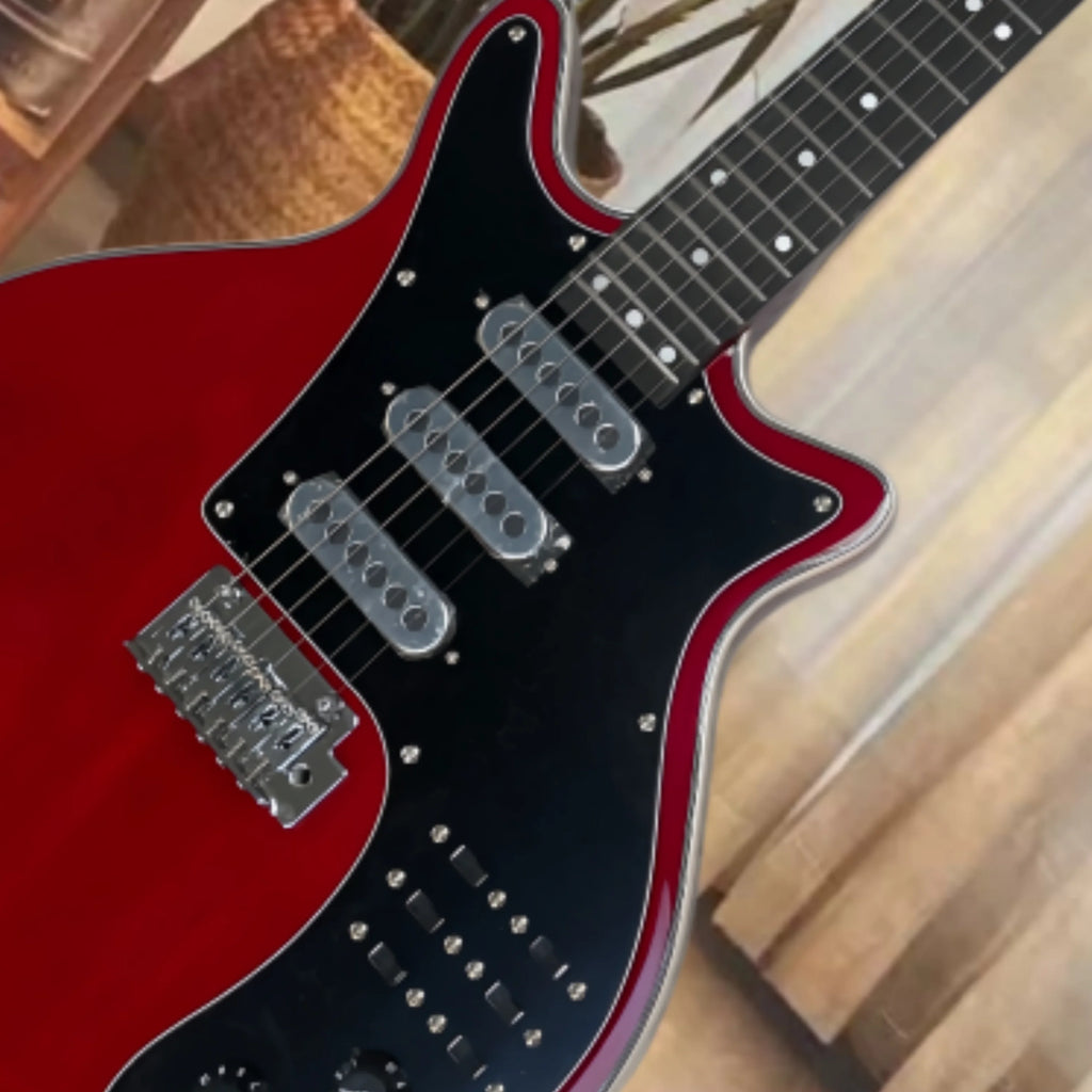 Guitarra eléctrica roja de 6 cuerdas con protector negro, pastillas SSS, guitarra de tono brillante y claro, guitarra eléctrica elegante y distintiva