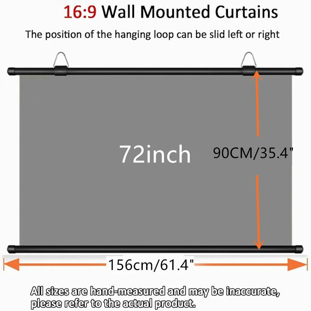 Pantalla de proyector gris montada en pared, 72"; medidas 156x90 cm, barra negra.