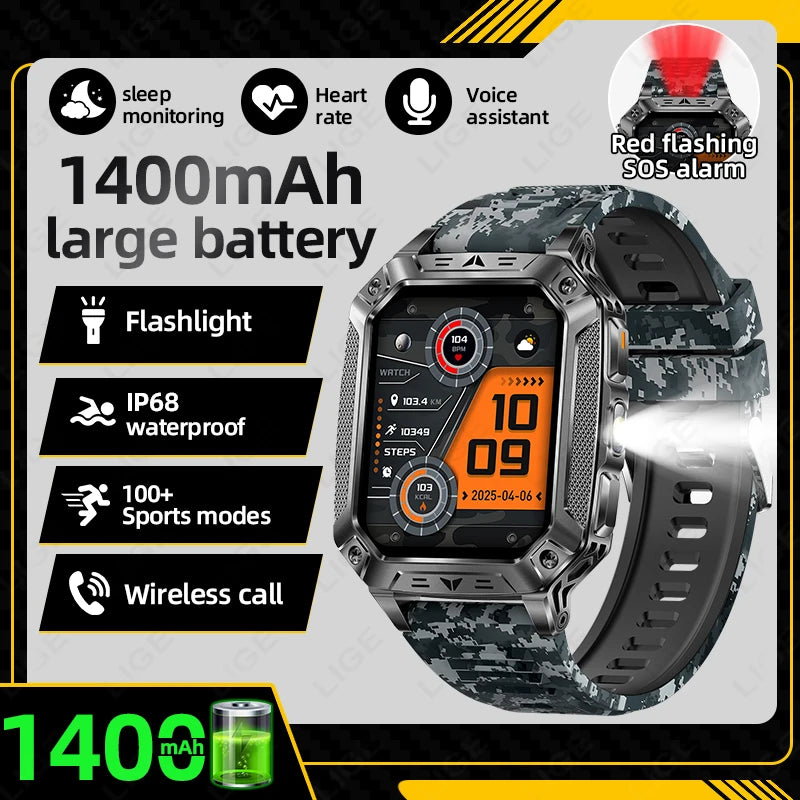 LIGE Built-in 1400mAh Super Large Battery Men Smart Watch Outdoor Flashlight IP68 Waterproof BT Call 2.01" New Smartwatch 2026