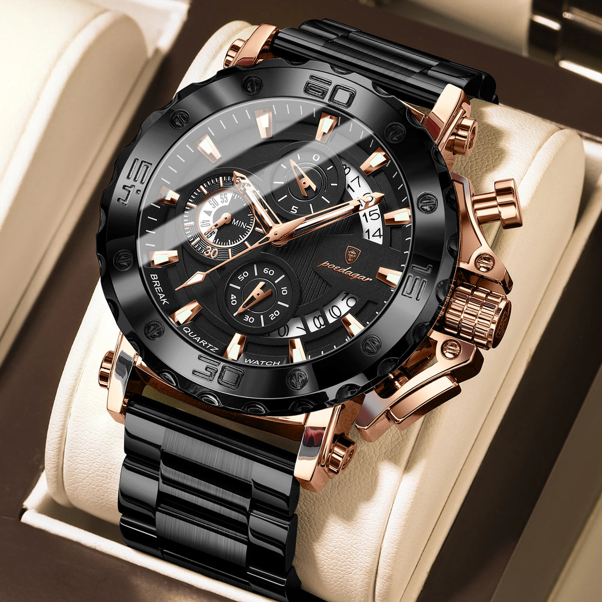 Reloj de moda POEDAGAR para hombre, reloj de pulsera de cuarzo, impermeable, luminoso, con calendario, cronógrafo, de acero inoxidable, reloj de lujo para hombre