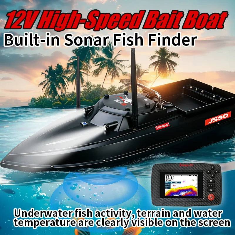 JS90S GPS Bait Boat 280m/1 Minute 100 Fishing Spots Load 3KG Built in Fish Detector Automatic Cruise Return 3-speed Adjustment