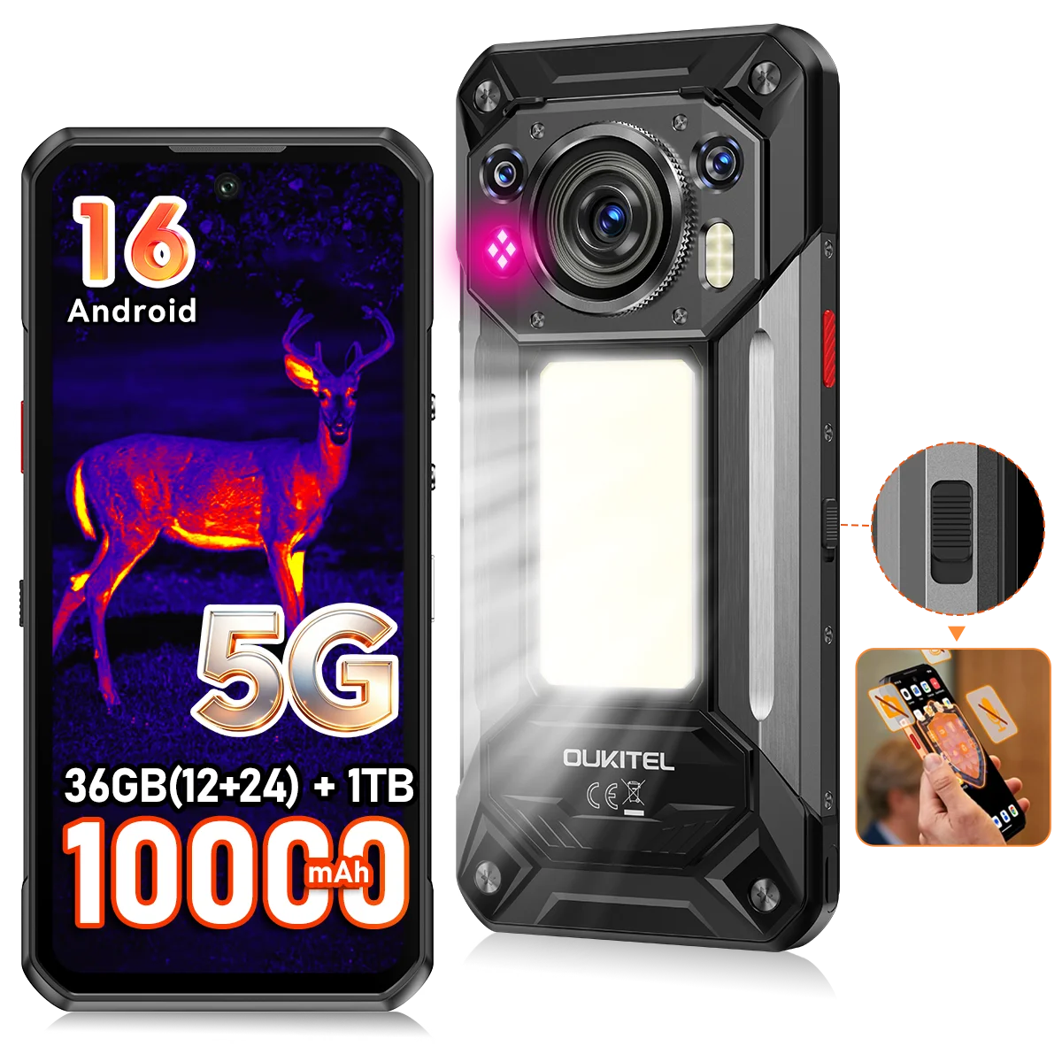 OUKITEL WP500 Ultra Android 16, el primer teléfono resistente del mundo con tecnología de imagen térmica e IA, con interruptor de privacidad, pantalla FHD+ de 6.78'', MTK Dimensity 8300, 36GB(12+24) de RAM+1TB, 10000mAh, 4
