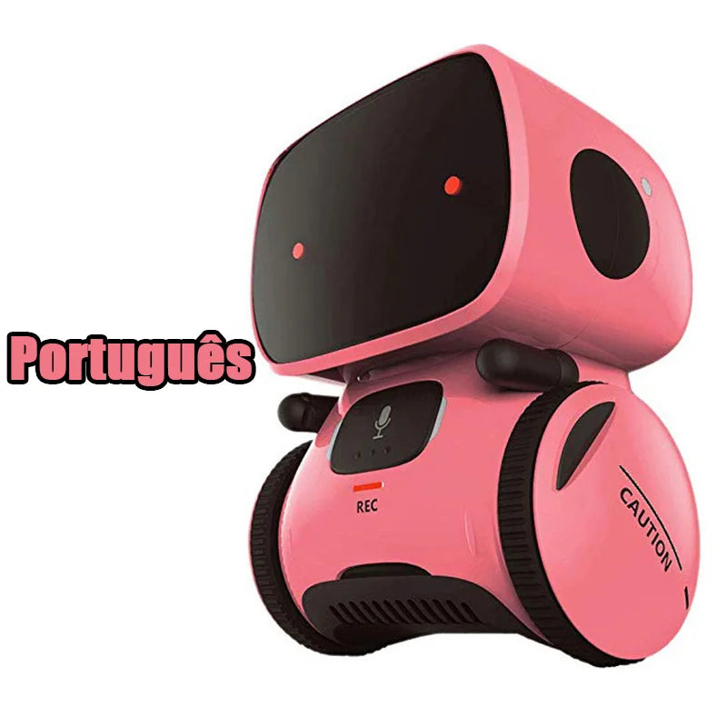 Robot educativo con cuerpo rosa y pantalla oscura, ruedas negras y detalle superior