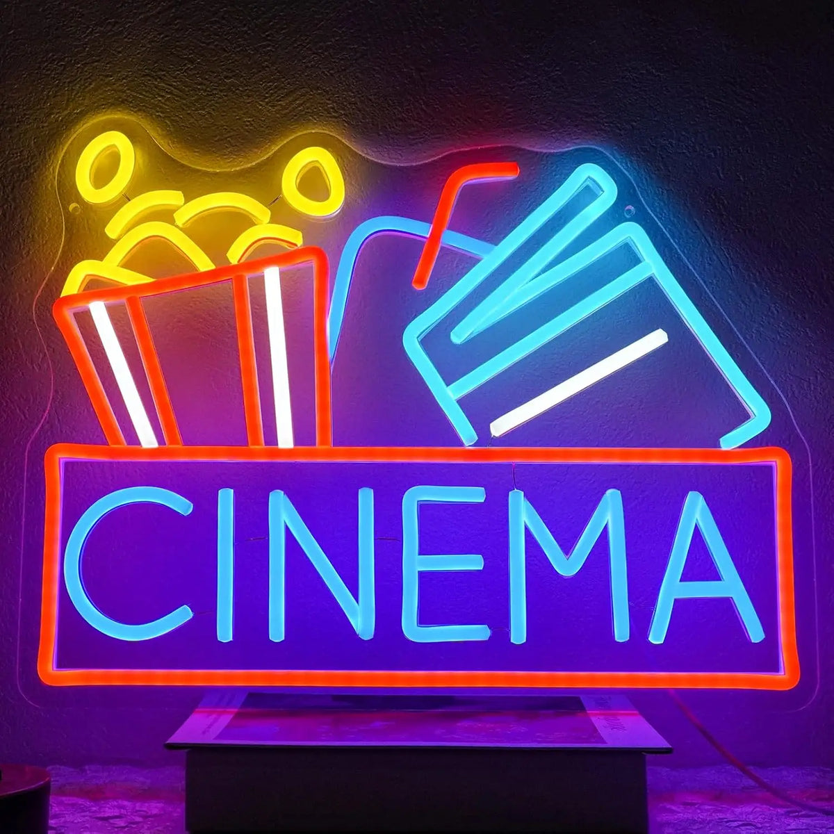 Letrero neón LED CINEMA con palomitas y claqueta, USB, multicolor