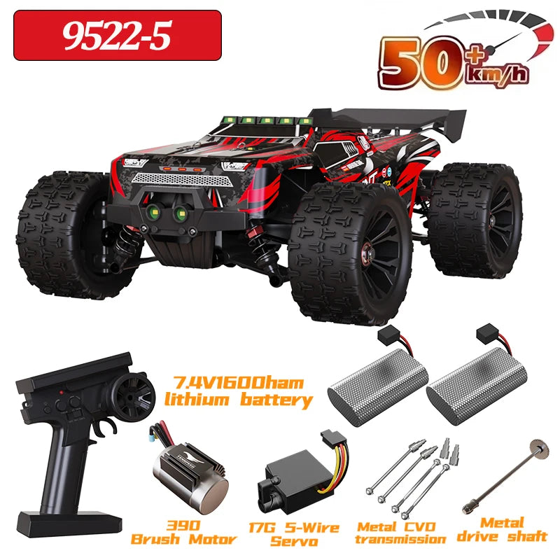 Coche RC 4x4 todoterreno rojo y negro, con batería de litio y mando a distancia