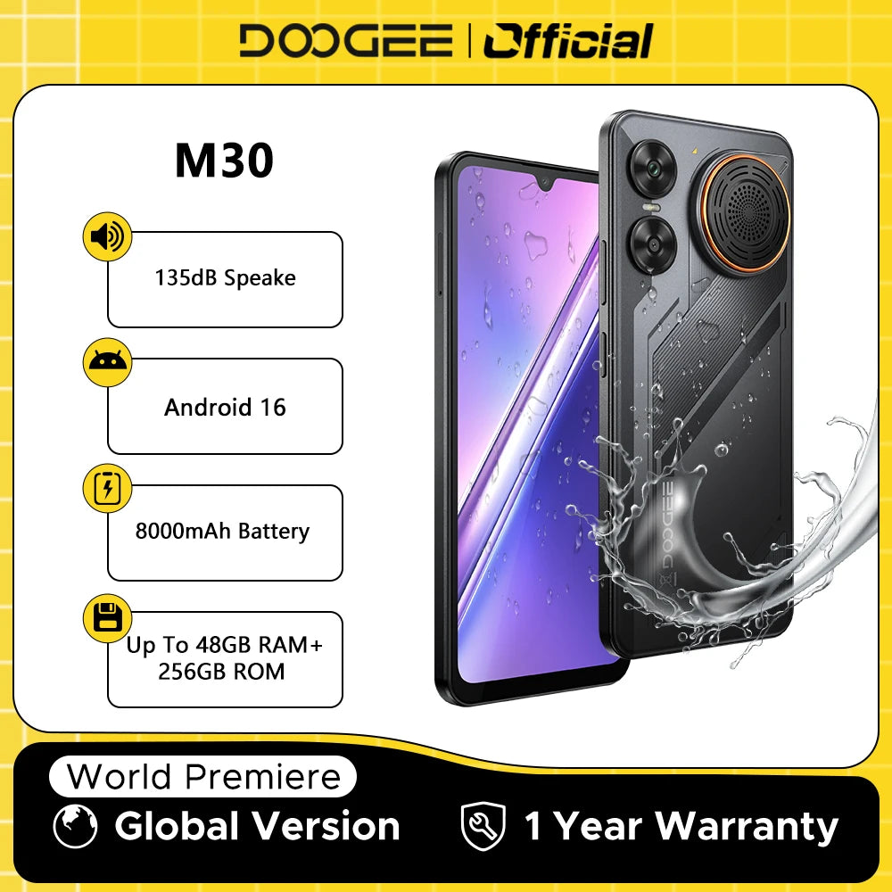Smartphone DOOGEE M30, batería de 8000mAh, pantalla de 6.88'', 48GB de RAM (6GB+42GB), 256GB de ROM, cámara de 64MP, altavoz de 135dB, Android 16, teléfono móvil con NFC