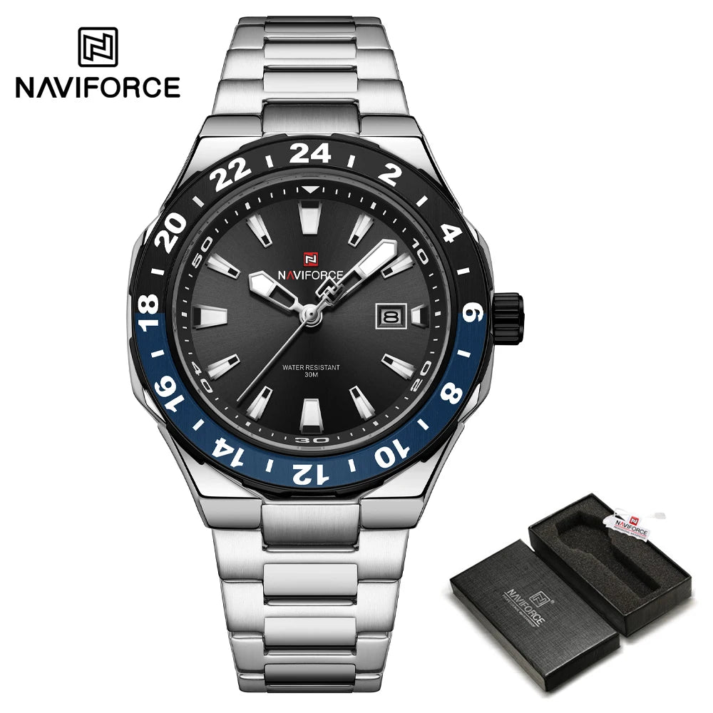 NAVIFORCE 2025 Nuevo Reloj para Hombre Estilo Negocios Clásico Reloj de Pulsera de Cuarzo de Lujo Azul y Dorado Acero Inoxidable Masculino
