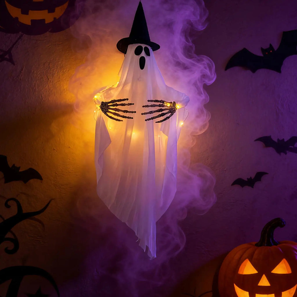 Large LED Glowing Hanging Ghost Decoration Swing Spooky Skull Ornament Reusable Prop for Haunted House Halloween Party Decor