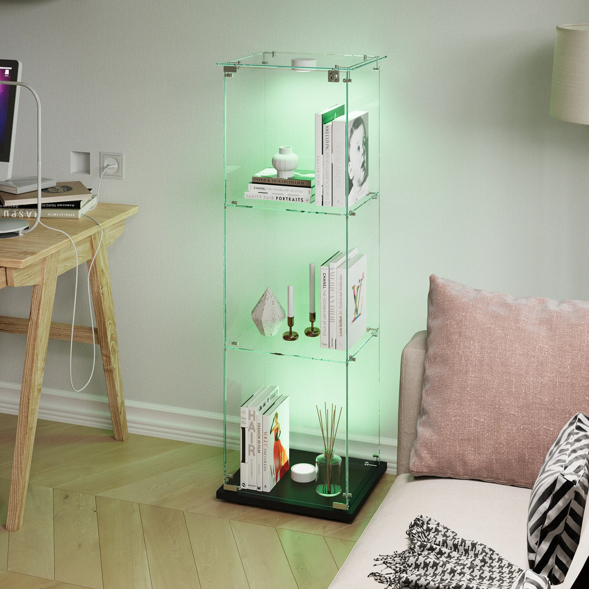 Vitrina de cristal con iluminación LED, vitrina de pie con 3 estantes de cristal y 2 puertas de cristal, con cerradura, vitrina para sala de estar, oficina, coleccionables, libros, vino, blanco