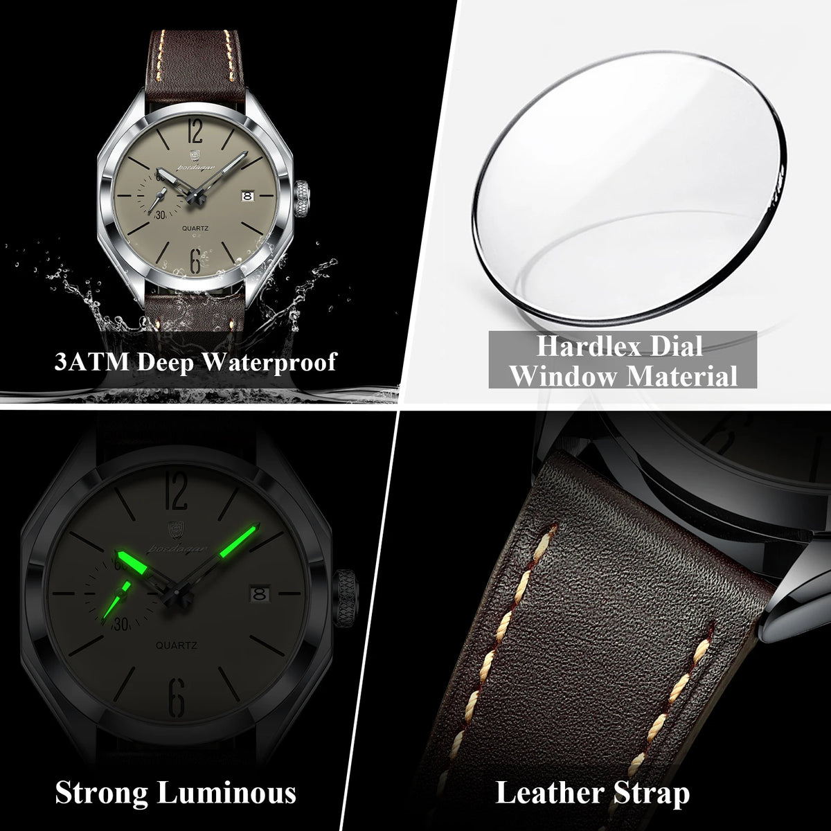 Reloj de hombre POEDAGAR de alta moda, con correa de piel, fecha, cuarzo, estilo negocios, resistente al agua, luminoso y casual
