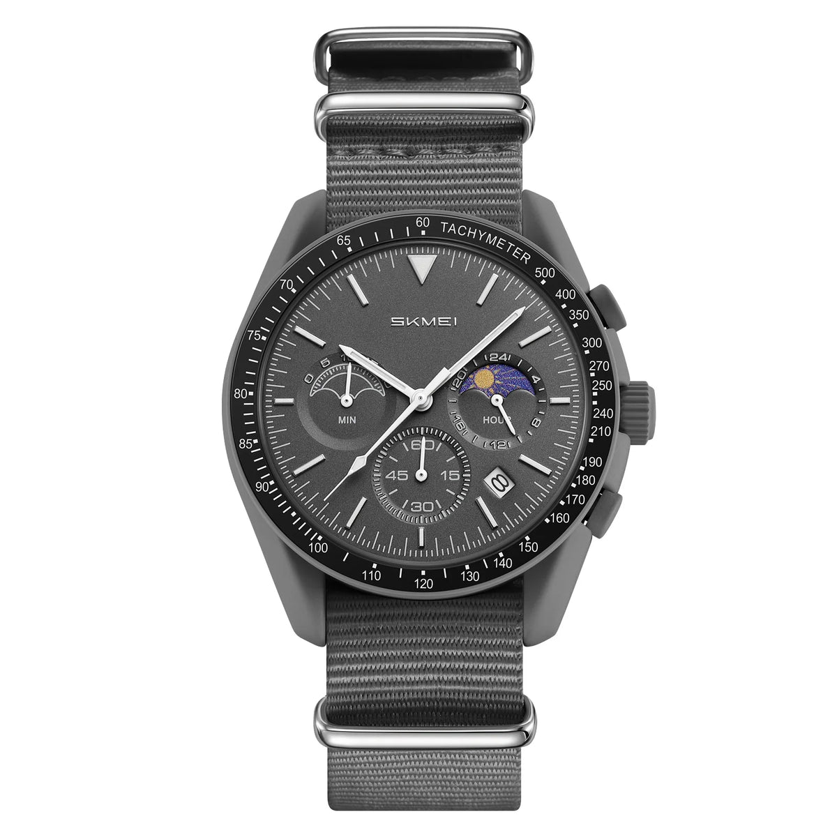 Reloj de cuarzo unisex SKMEI redondo con correa de nailon, fase lunar, cronógrafo, taquímetro, fecha, reloj de pulsera ligero para hombre y mujer 9392