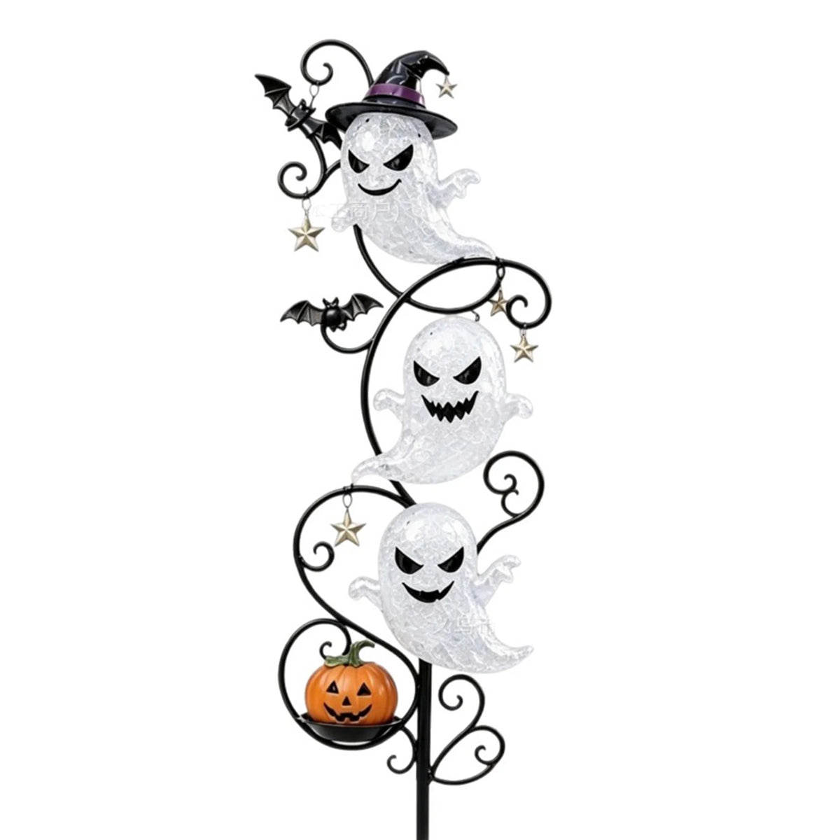 Lámpara solar decorativa de jardín con 3 niveles, diseño de fantasmas translúcidos con efecto craquelado, estructura de metal rizado, luz LED y adornos de murciélago y calabaza para decoración de exteriores de Halloween