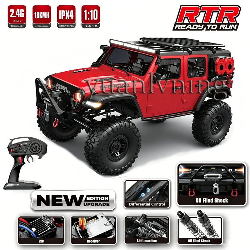 Coche RC 1/10 vehículo a control remoto 2.4G rock crawler de escala completa, camión todoterreno 4WD para escalar con luz LED