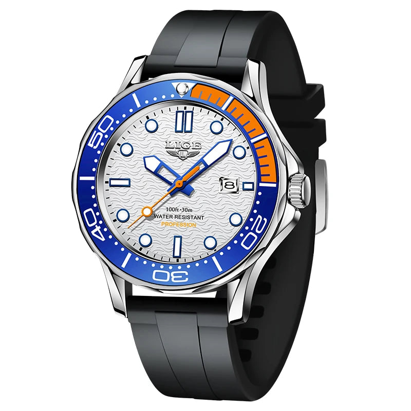 LIGE Nuevo Reloj de Negocios para Hombre, Reloj de Buceo de Lujo de Marca Superior en Azul para Hombre, Reloj Deportivo Impermeable con Fecha, Relogio Masculino, con Caja
