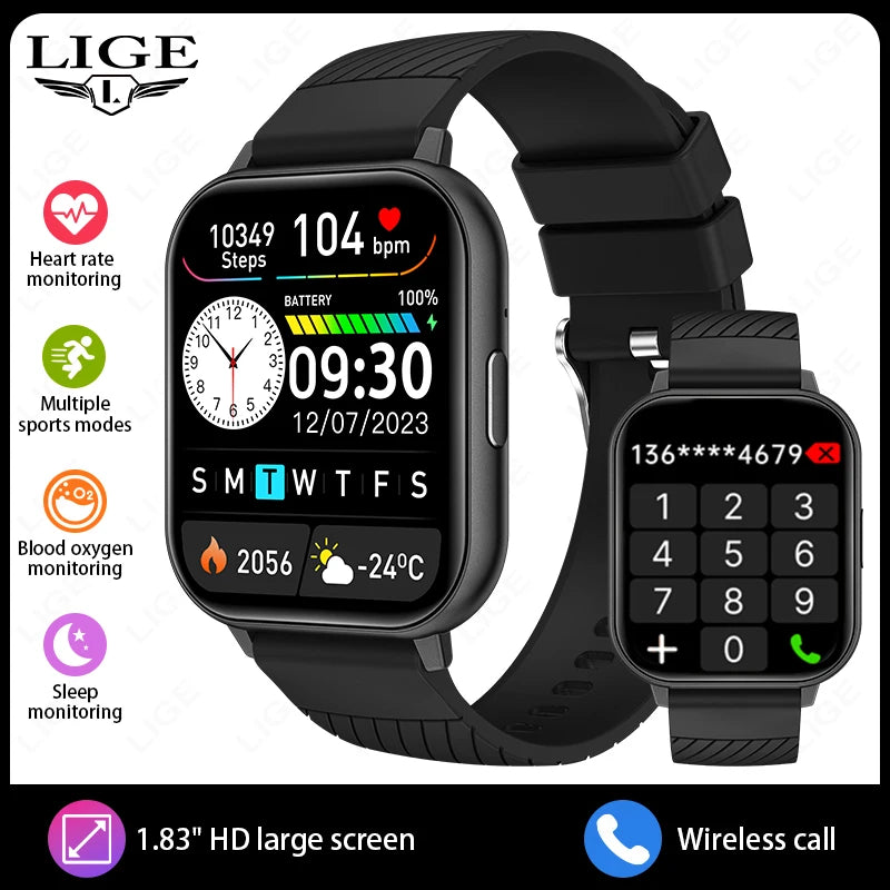 Reloj inteligente deportivo de moda LIGE con Bluetooth, oxígeno en sangre, frecuencia cardíaca, compatible con llamadas de voz Bluetooth, pantalla LCD, regalo para hombres y mujeres 2025