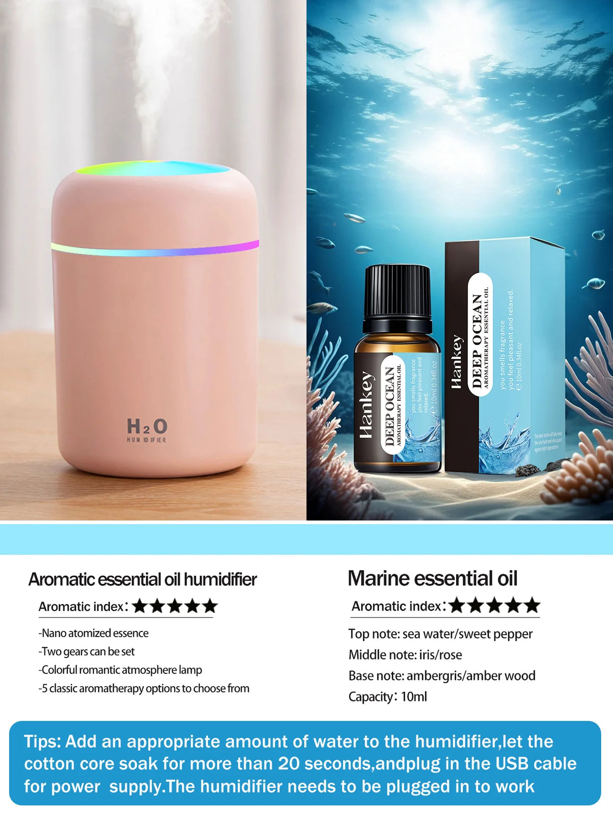 Difusor de aromaterapia de 300ml, humidificador, purificador de aire, uso doméstico en el coche, aceite esencial de aromaterapia con luz de siete colores