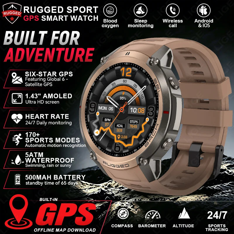Reloj inteligente GPS 2026 para hombre, 5ATM resistente al agua, más de 170 deportes, mapa sin conexión, brújula, altímetro, pantalla AMOLED, llamadas Bluetooth, reloj inteligente para exteriores